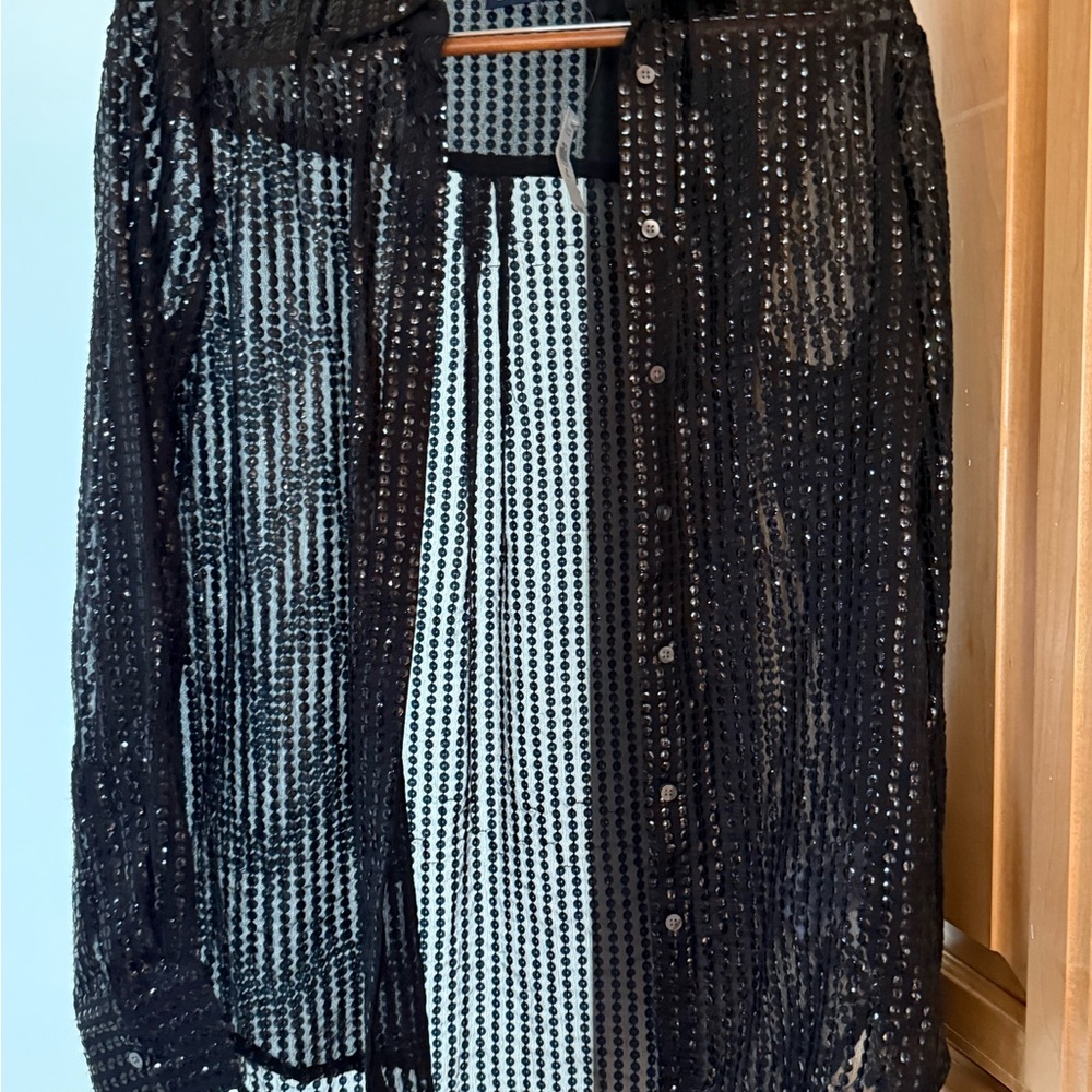 Gap Black Sequin Sheer Button-Up Top